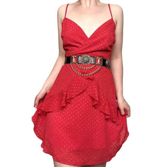 Cute Small Red Jacquard Swiss Dot Sheer Overlay V Neck Mini Dress - Picture 1 of 3